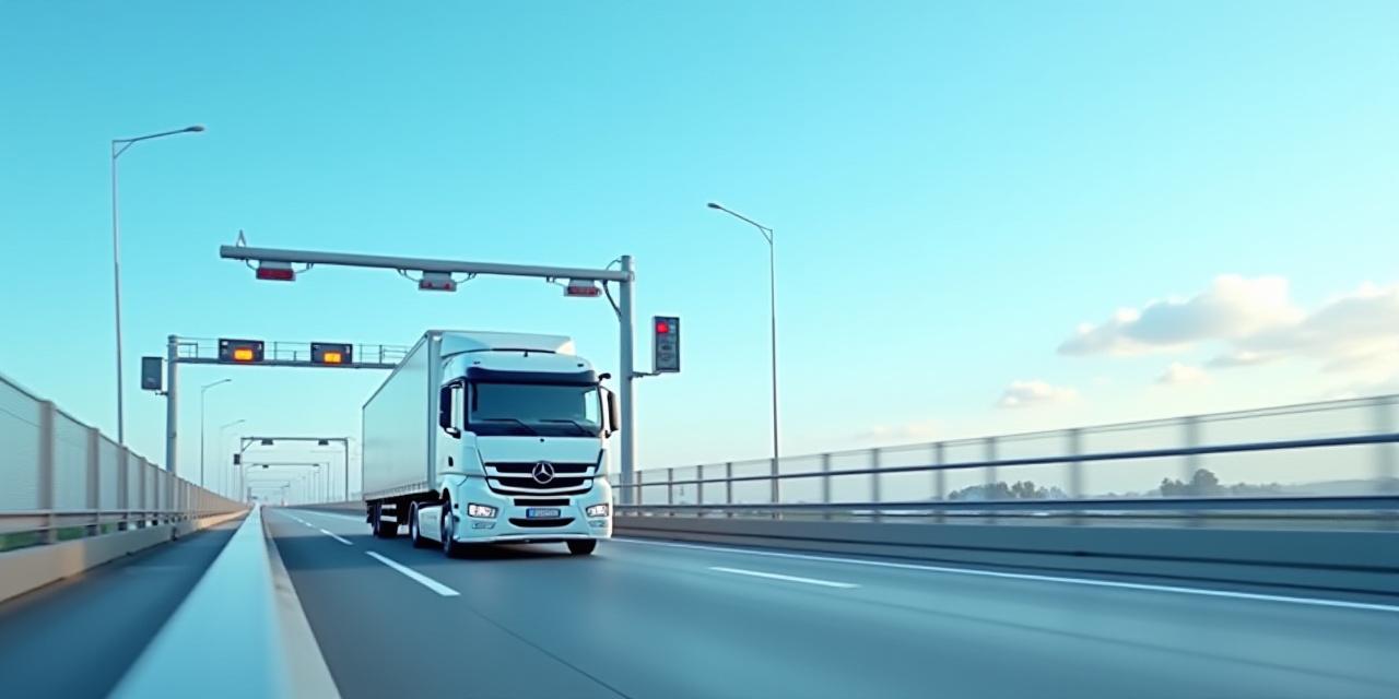 Ein moderner LKW auf einer europäischen Autobahn unter einer Mautbrücke