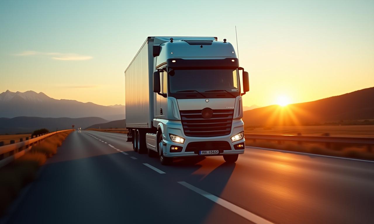 Logistik-LKW auf einer europäischen Autobahn bei Sonnenuntergang